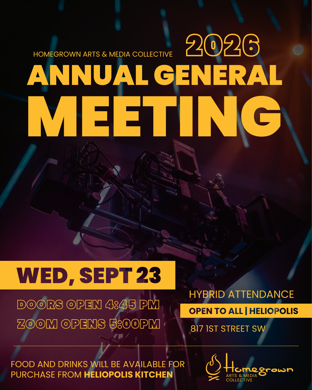 2026 Homegrown Arts and Media Collective Annual General Meeting poster with the event date, times and Heliopolis location.