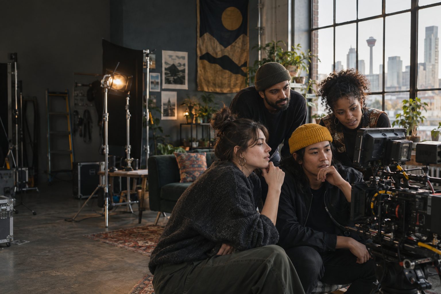 A small creative team reviewing a shot together around a cinema camera in a community studio.